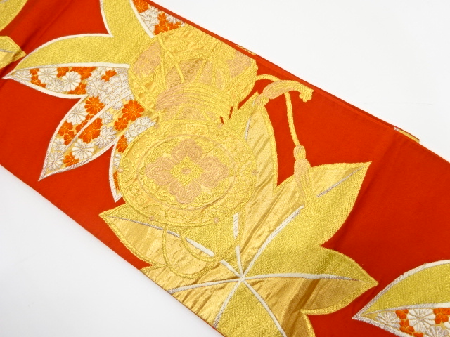 アンティーク　西陣まいづる製　鼓に楓・草花模様織り出し袋帯（着用可）